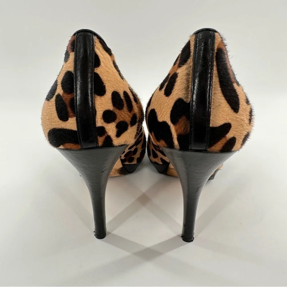 Via Spiga heels size 8 black Italian leather cheetah print calf hair platforms